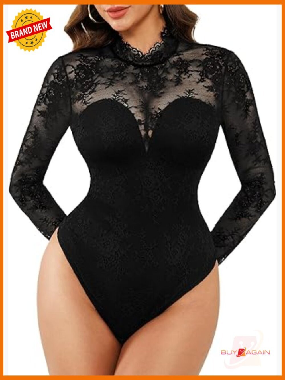 Long Sleeve Tummy Control Bodysuit Open Back Sheer Lace Shapewear